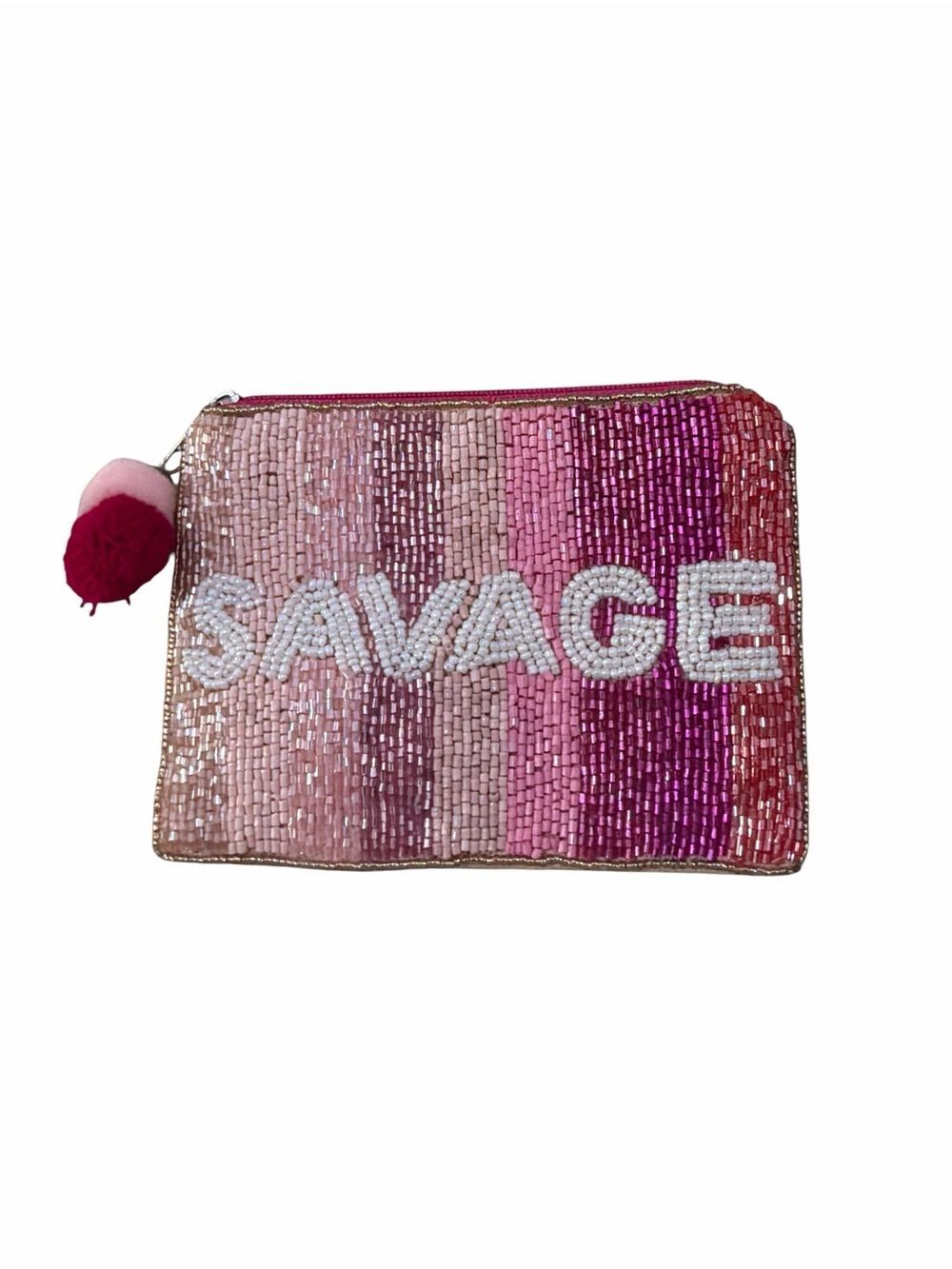 Shirdee Beaded 'SAVAGE' Pink Ombre Statement Coin Pouch Women's 4.5"